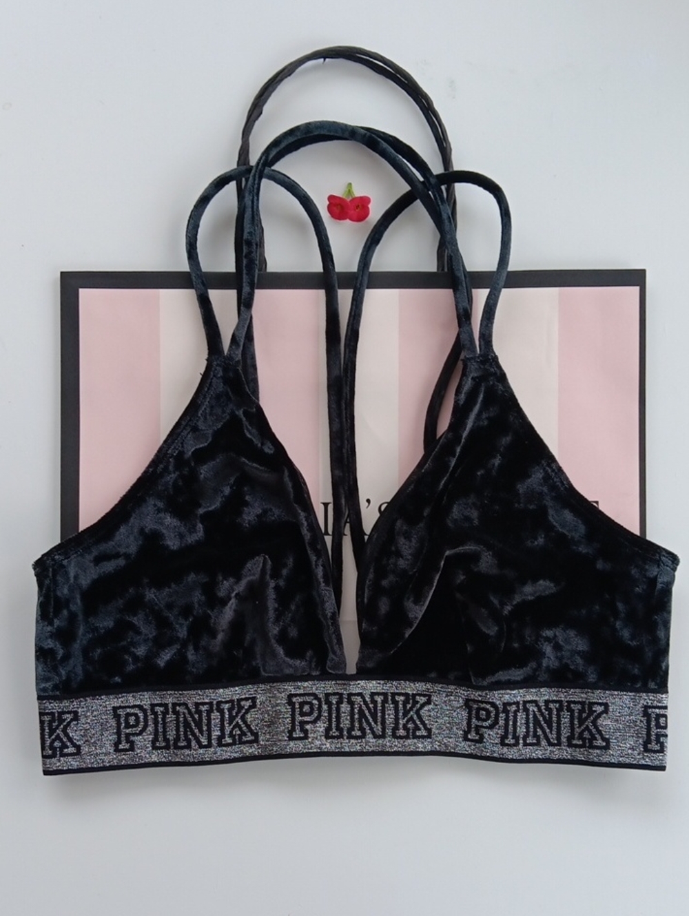 PINK Victoria's Secret Black Velvet Bralette with Glitter Logo Band Size S